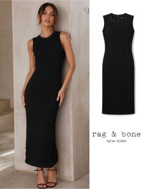 NEW Rag & Bone Barton Black Ribbed Sleeveless Midi Dress